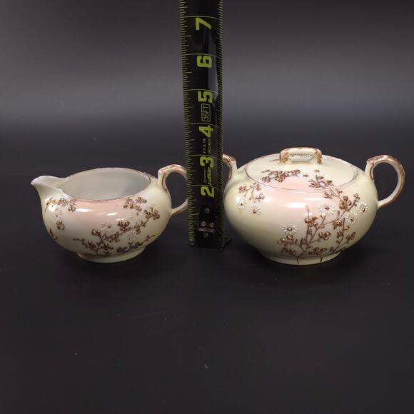 MCM Japanese Porcelain Embossed Floral Design Sugar & Creamer Set Gold Trim - Picture 10 of 11